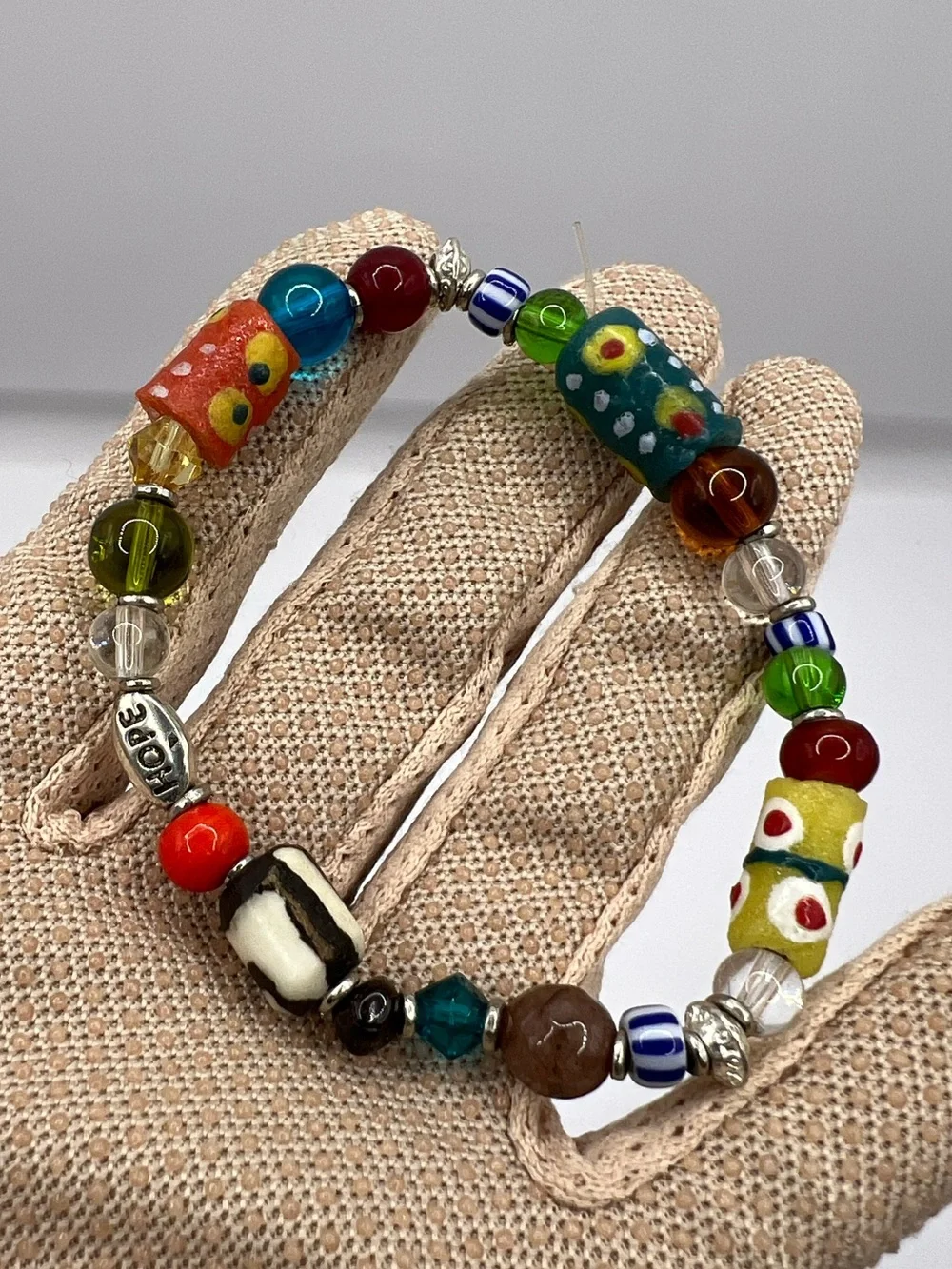 Vintage African Glass Trade Bead Stretch Bracelet - Multicolor Boho Hope